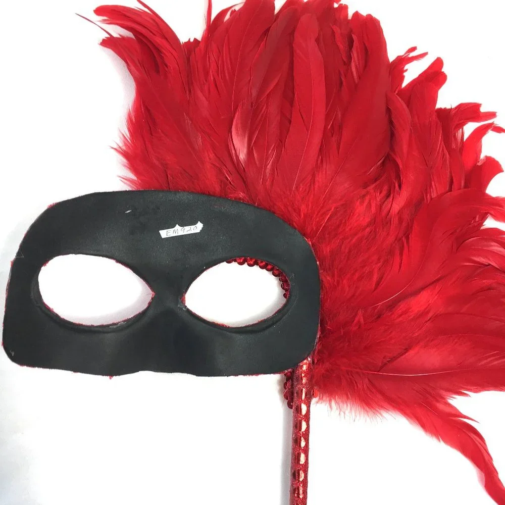 VENETIAN Red Sequin Mask w Red Feathers w/ Handle NWOT NOS